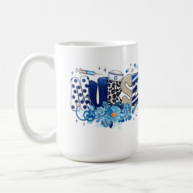 Caneca De Café Enfermeira, padrão de glíbulas azul, corado, flore (Esquerda)