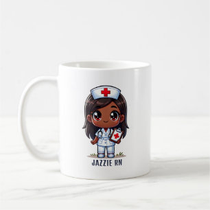 Caneca De Café Enfermeira Preta de Manga Bonita Cabelo castanho e