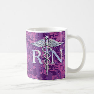 Caneca De Café Enfermeira Registrada RN Silver Caduceus Fuchsia C
