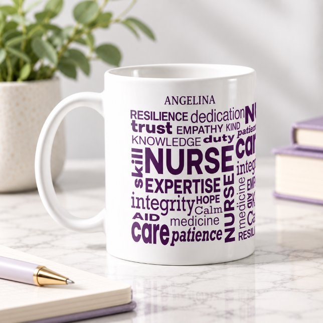 Caneca De Café Enfermeira Valores Texto Roxo Personalizado (Criador carregado)
