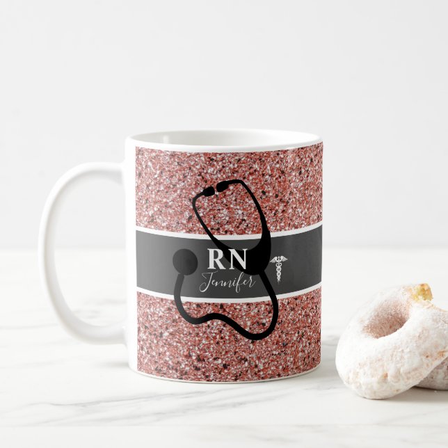 Caneca De Café Enfermeiro Elegante RN Rosa Dourada Glitter Person (Com Donut)