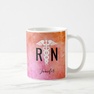 Caneca De Café Enfermeiro Moderno RN Caduceus Nome Colorido
