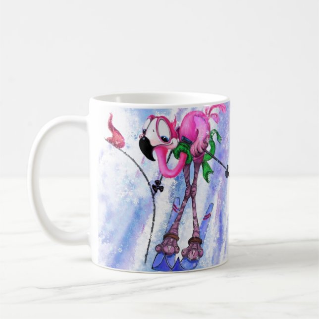 Caneca De Café Engraçada Mug com Pink Flamingo Skier (Esquerda)