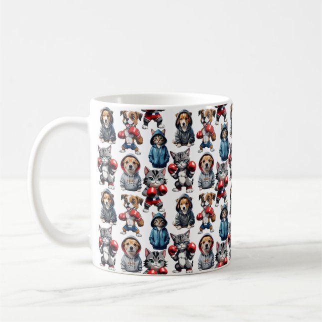 Caneca De Café Engraçado Boxing Cat Dog Pattern Design (Esquerda)
