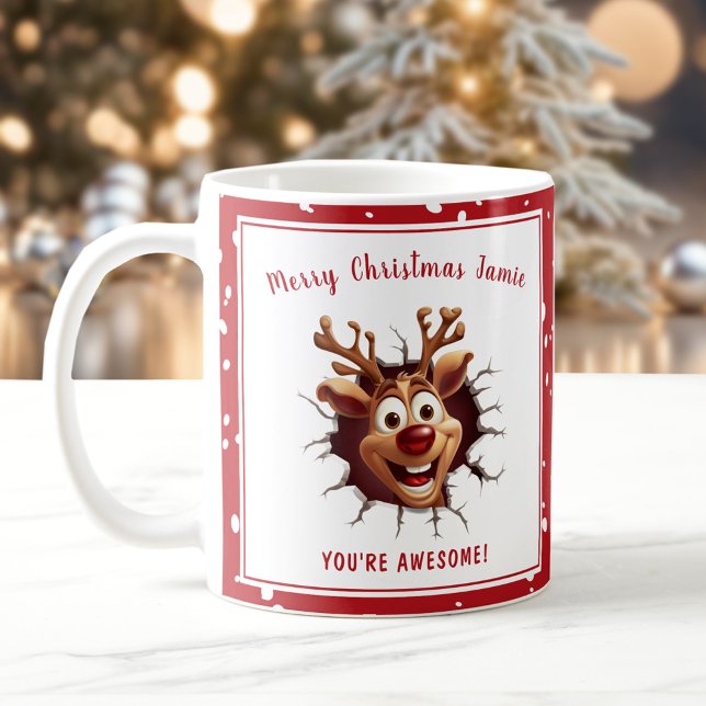 Caneca De Café Engraçado Rudolph passando pelo Red Name no Natal (Funny Rudolph breaking through Red Name Christmas Coffee Mug)