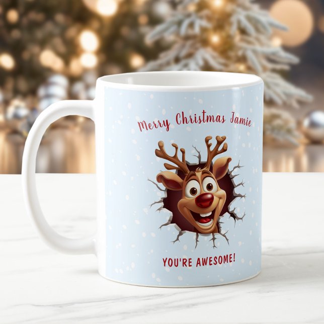Caneca De Café Engraçado Rudolph quebrando o nome Blue Christmas (Funny Rudolph breaking through Name Blue Christmas Coffee Mug)