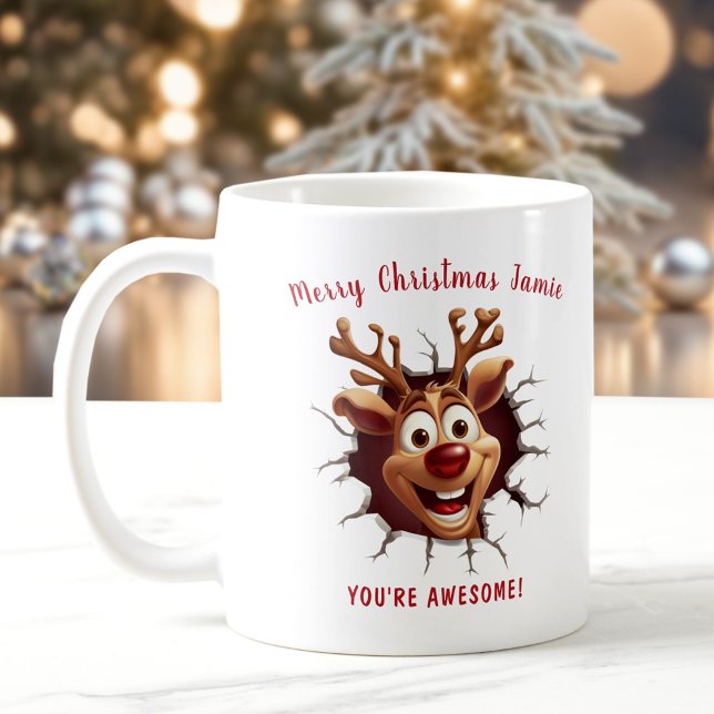 Caneca De Café Engraçado Rudolph quebrando o nome do Natal (Funny Rudolph breaking through Name Christmas Coffee Mug)