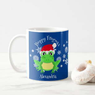 Caneca De Café Engraçado Sapo de Natal Santa Hat Noveldade Azul