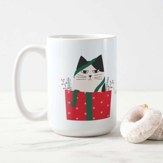 Caneca De Café Enrolamento Engraçado de Gato de Natal Meowy (Com Donut)