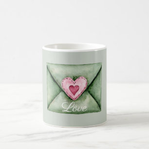 Caneca De Café Envelope Verde Coração de Amor Rosa