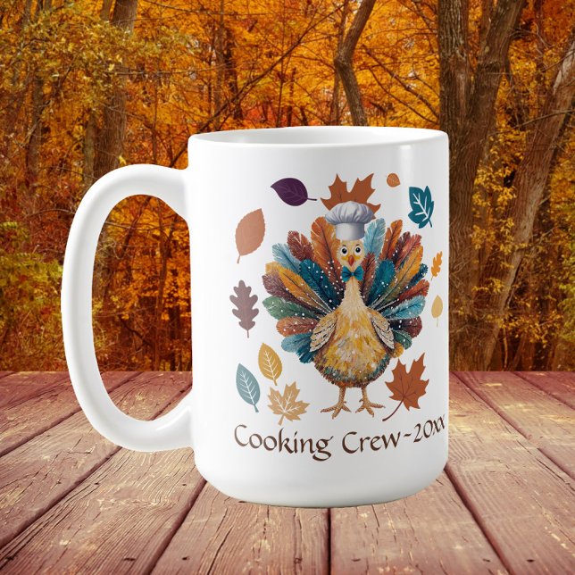 Caneca De Café Equipe de Culinária Pilgrim Peru Thanksgiving (Turkey "Cooking Crew" mug personalized with the year. Great for family Thanksgiving)