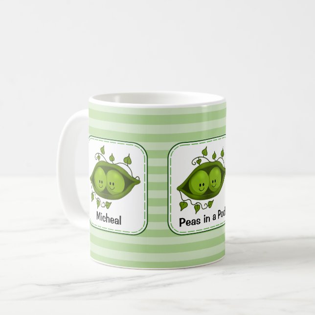 Caneca De Café Ervilhas Em Uma Vagem com Listras Verdes Personali (Frente Esquerda)