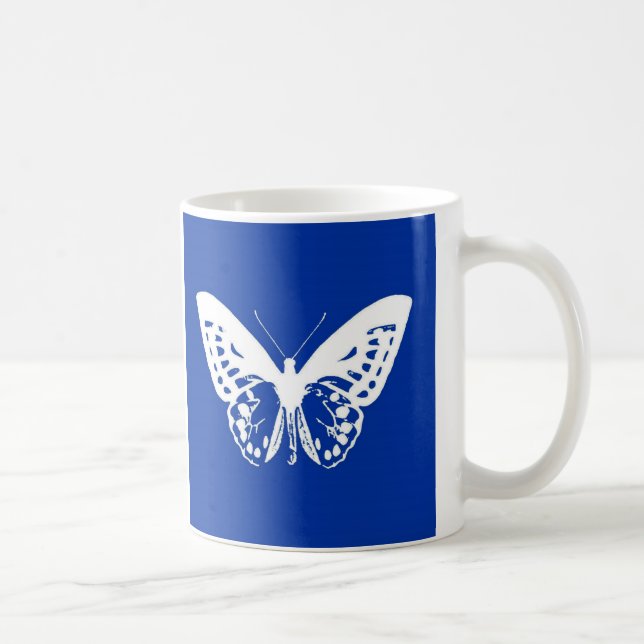 Caneca De Café Esboço de borboleta, azul cobalto e branco (Direita)