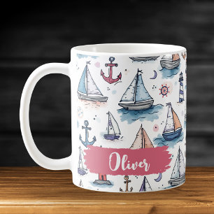 Caneca De Café Esboços Sonhadores de Velas Âncoras e Faróis