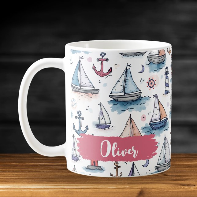 Caneca De Café Esboços Sonhadores de Velas Âncoras e Faróis (Criador carregado)