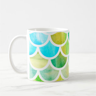 Caneca De Café Escala de sereia. Balanças de peixe de aquarelas.