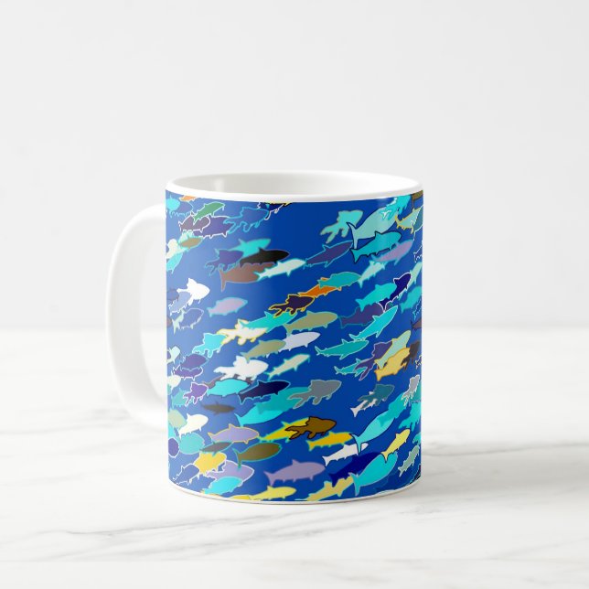 Caneca De Café Escola de Peixes, Azul Escuro, Branco e Turquesa (Frente Esquerda)