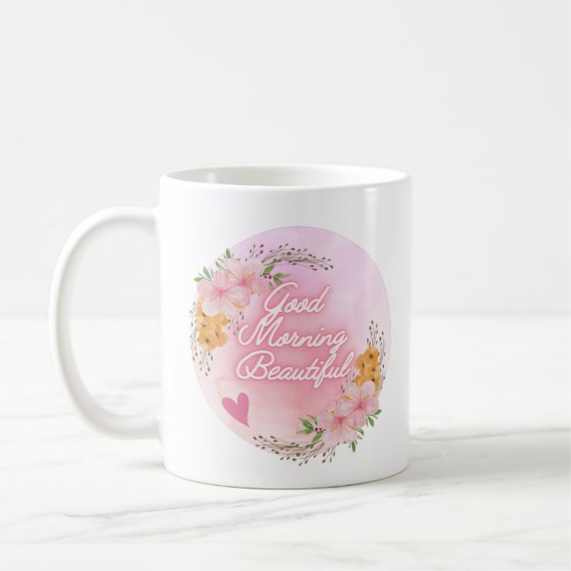 Caneca De Café Escrita "Boa Manhã Bela", Floral Rosa (Esquerda)