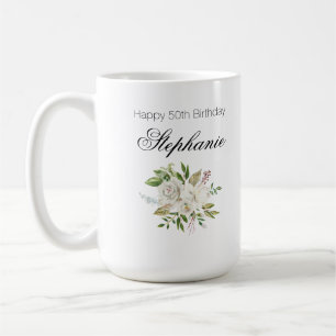 Caneca De Café Escrita Floral Branca Elegante 50º Aniversário