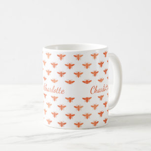 Caneca De Café Escrito em monograma branco de ouro das abelhas pr