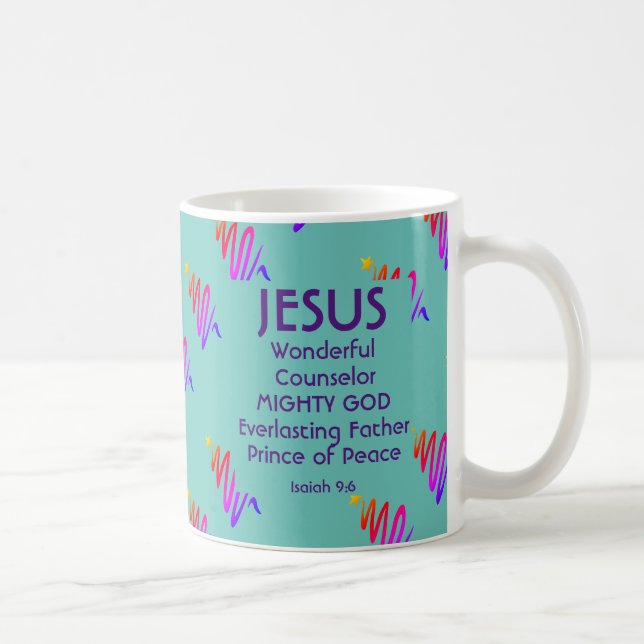 Caneca De Café Escritura de Natal JESUS Isaiah 9:6 TEAL (Direita)