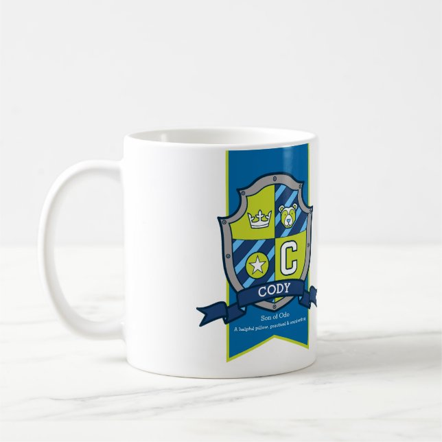 Caneca De Café Escudo de cavaleiro verde-azul nome do urso (Esquerda)