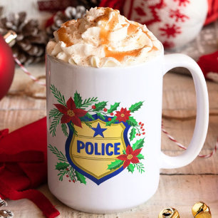 Caneca De Café Escudo de Natal Alegre da Polícia com Poinsettia 