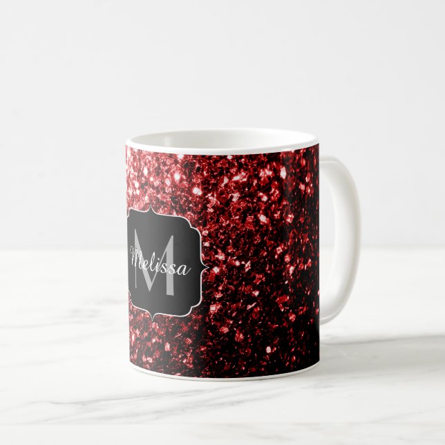 Caneca De Café Escuro Vermelho Escuro brilha Glamor Monograma (Frente Esquerda)