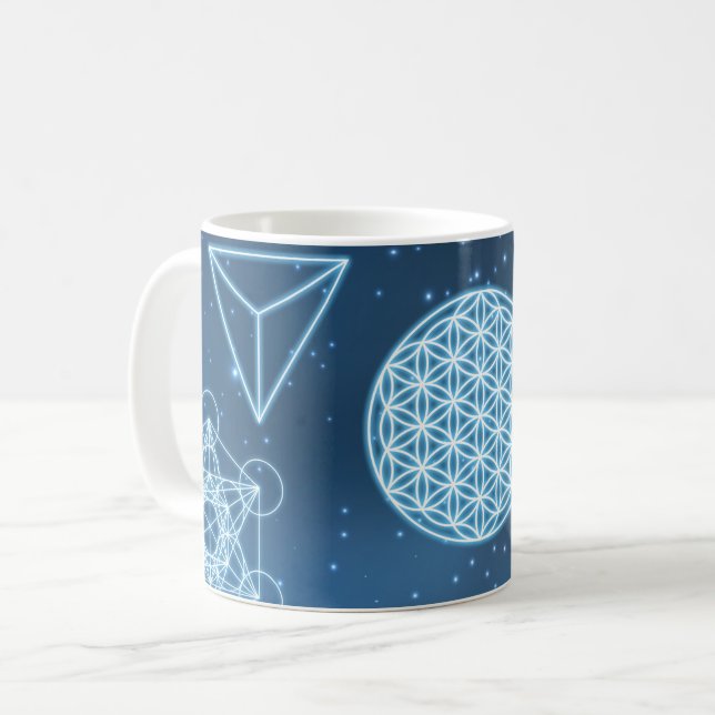Caneca De Café Espelho azul Universo da Geometria Sagrada brilhan (Frente Esquerda)
