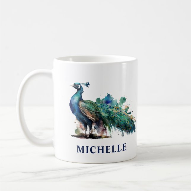 Caneca De Café Esplêndido Pavão Personalizado em Aquarela (Esquerda)