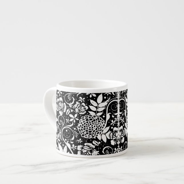Caneca de Café Espresso ou Eggnog Floral Preto e B (Frente Esquerda)