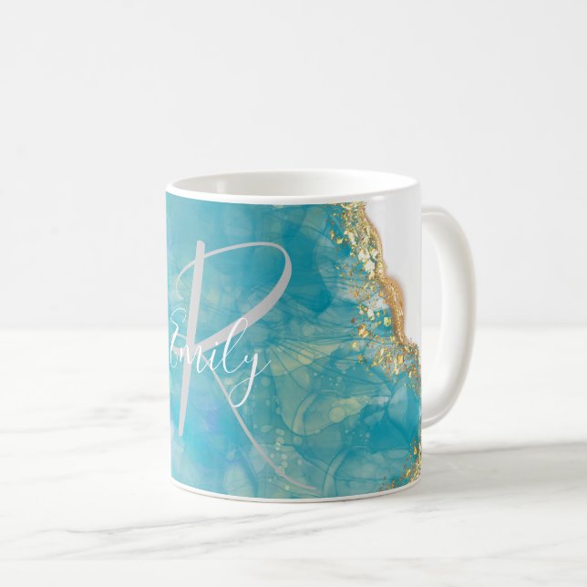Caneca De Café Espuma do mar Agate Marble Abstrato Name Monograma (Frente Esquerda)