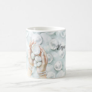 Caneca De Café Espuma do Mar Azul Pérolas Conchas