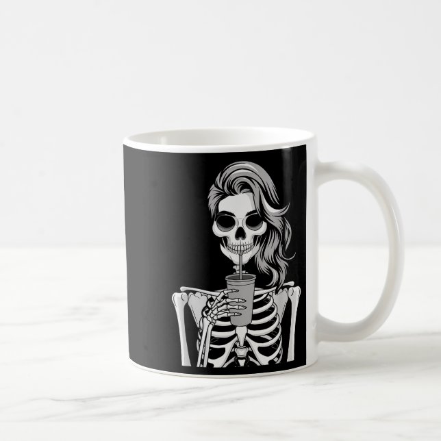 Caneca De Café Esqueleto Bebendo Bebida Monocromático Gótico Olá (Direita)