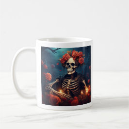 Caneca De Café Esqueleto com Coroa de Rosas
