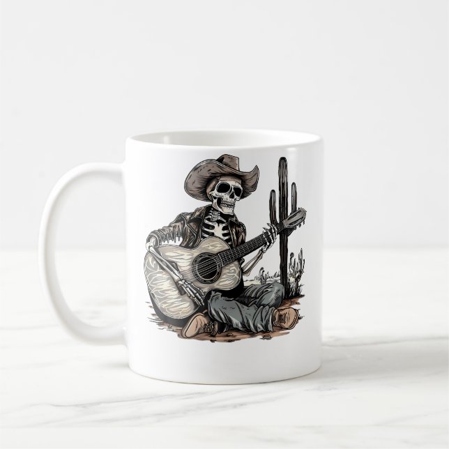 Caneca De Café Esqueleto Cowboy Ocidental Divertido Tocando Guita (Esquerda)