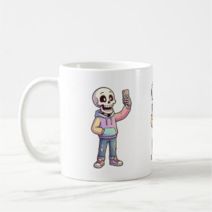 Caneca De Café Esqueleto de desenho animado fofo tirando selfie -