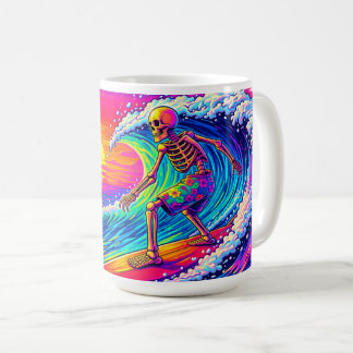 Caneca De Café Esqueleto de Néon Surfando Pôr do Sol Colorido