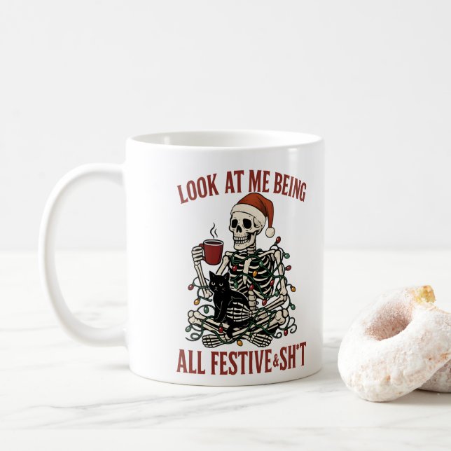 Caneca De Café Esqueleto de Papai Noel com Gato Férias Snark (Com Donut)