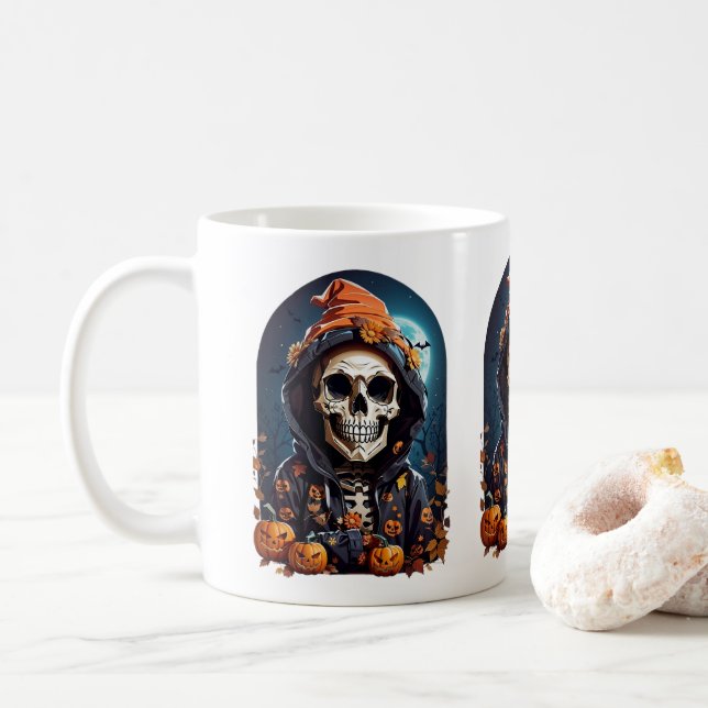 Caneca De Café Esqueleto Spooky com Mau Pumpkins (Com Donut)