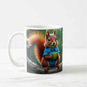 Caneca De Café Esquilo Bonito Sentado na Ramificação da Árvore
