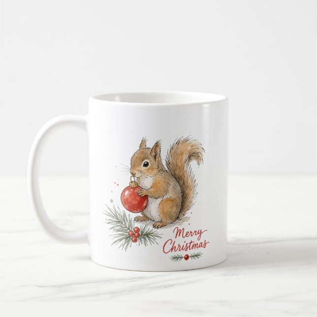 Caneca De Café Esquilo de Natal com Enfeite Vermelho (Esquerda)