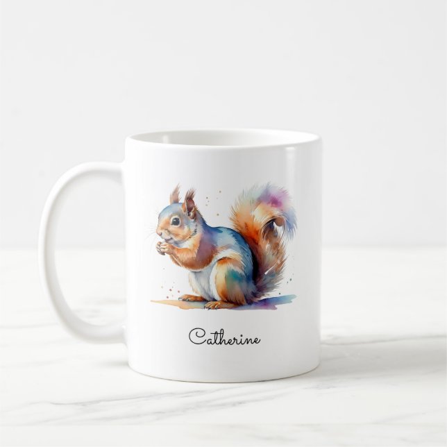 Caneca De Café Esquilo em Aquarela Caprichosa com Nome Personaliz (Esquerda)