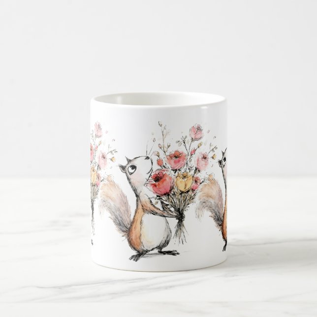 Caneca De Café Esquilo Fofo com Buquê de Flores (Centro)