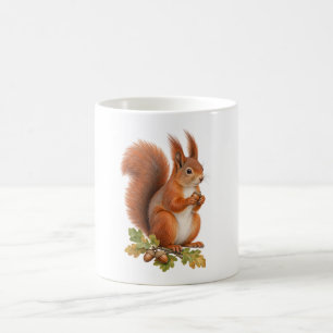 Caneca De Café Esquilo Vermelho Segurando uma Bolota entre Folhas