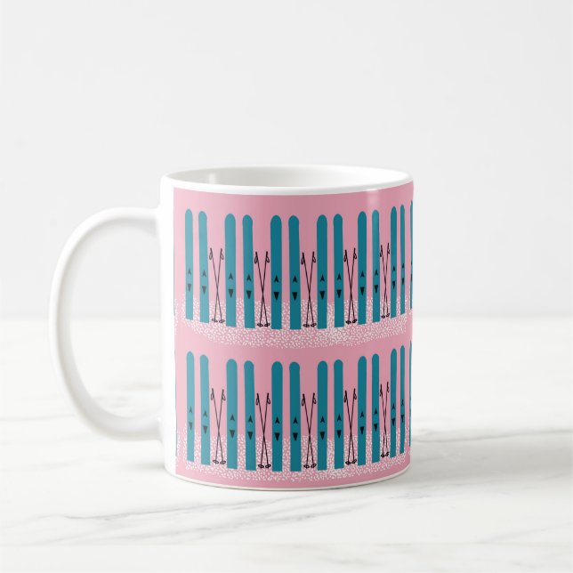 Caneca De Café Esquis azuis na neve com rosa (Esquerda)