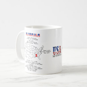 Caneca De Café Estado americano do Alabama num mapa e informações