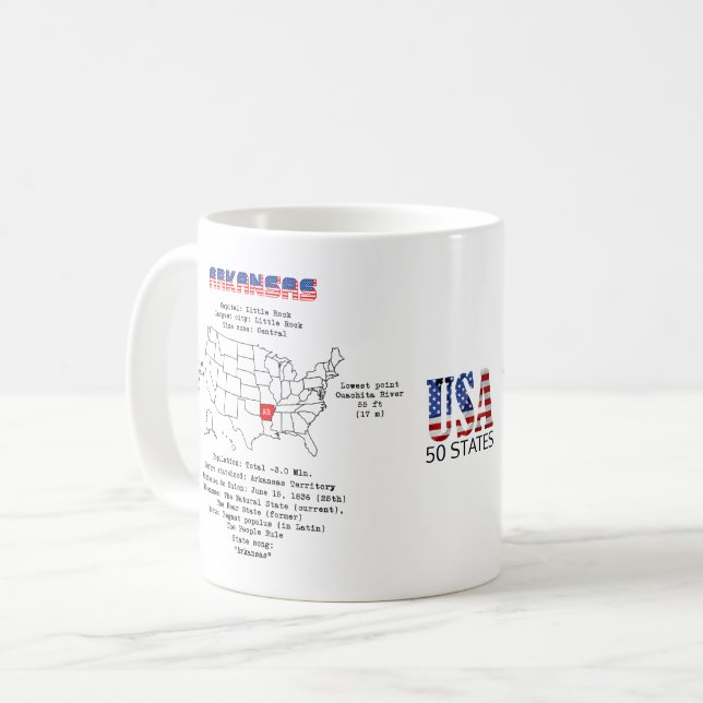 Caneca De Café Estado americano do Arkansas num mapa e informaçõe (Frente Esquerda)