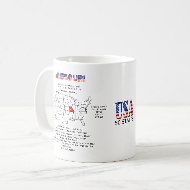 Caneca De Café Estado americano do Missouri em um mapa e informaç (Frente Esquerda)
