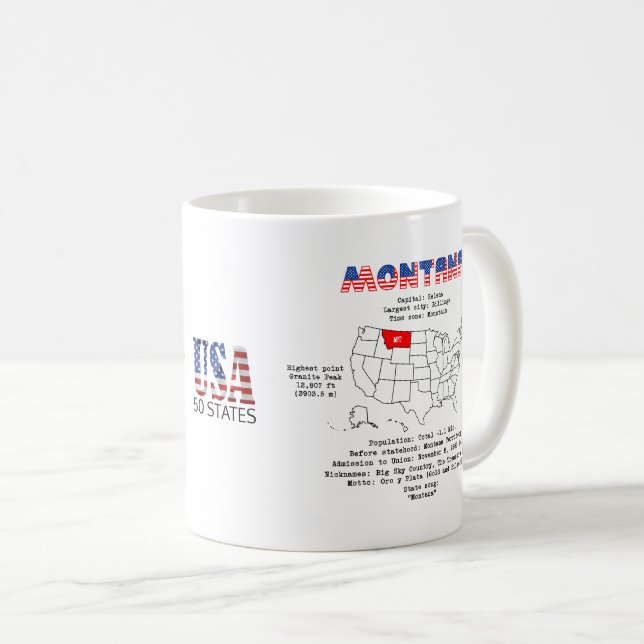 Caneca De Café Estado Americano do Montana em um mapa e informaçõ (Frente Esquerda)